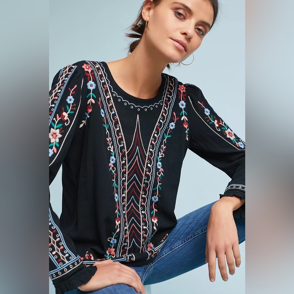 Anthropologie One September Wesley Embroidered bohemian long sleeve Top